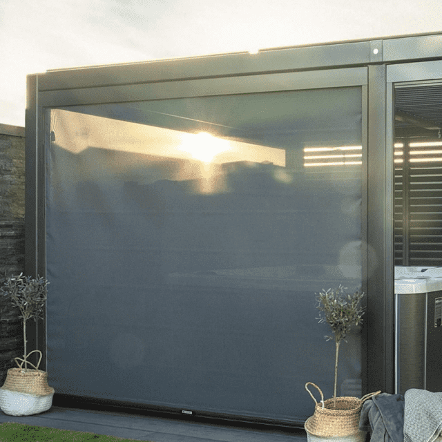 Maranza Manual Deluxe Louvered Pergola 3.5m x 3.6m with 4 Retractable Privacy Screens – Matte Grey Outdoor Shelter3