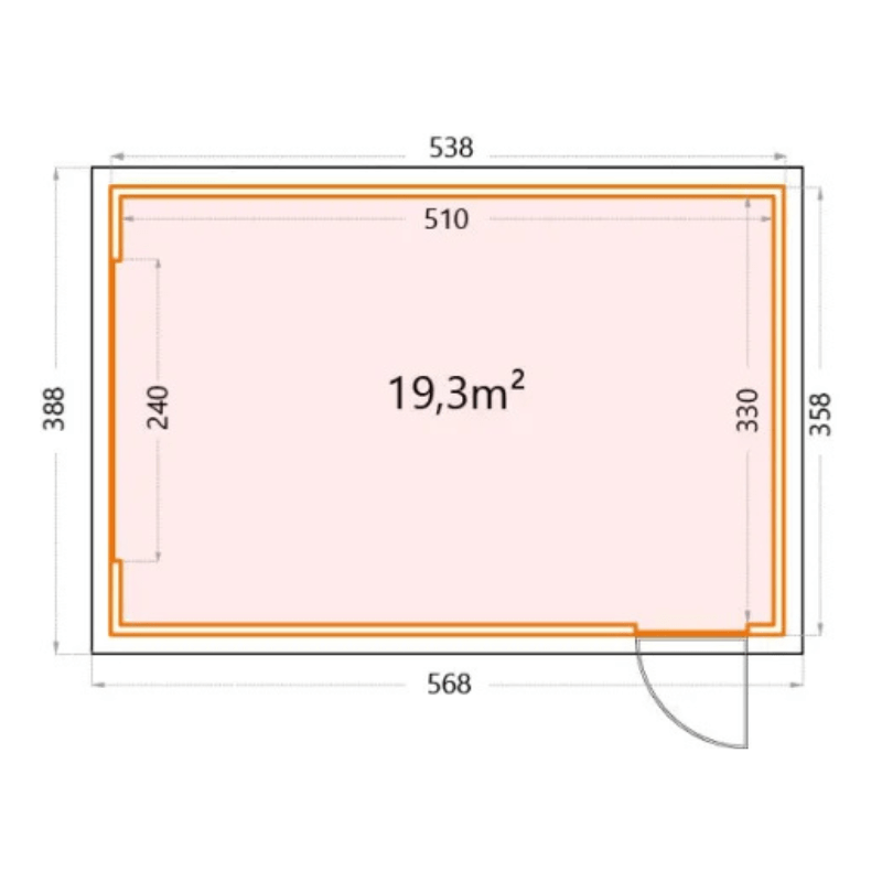 Floor plan with dimensions and area calculation on a white background