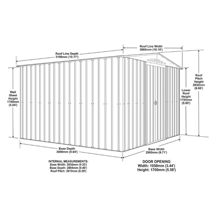 Globel Apex Metal Shed 10x10ft– Galvanised Steel Garden Storage with Double Doors