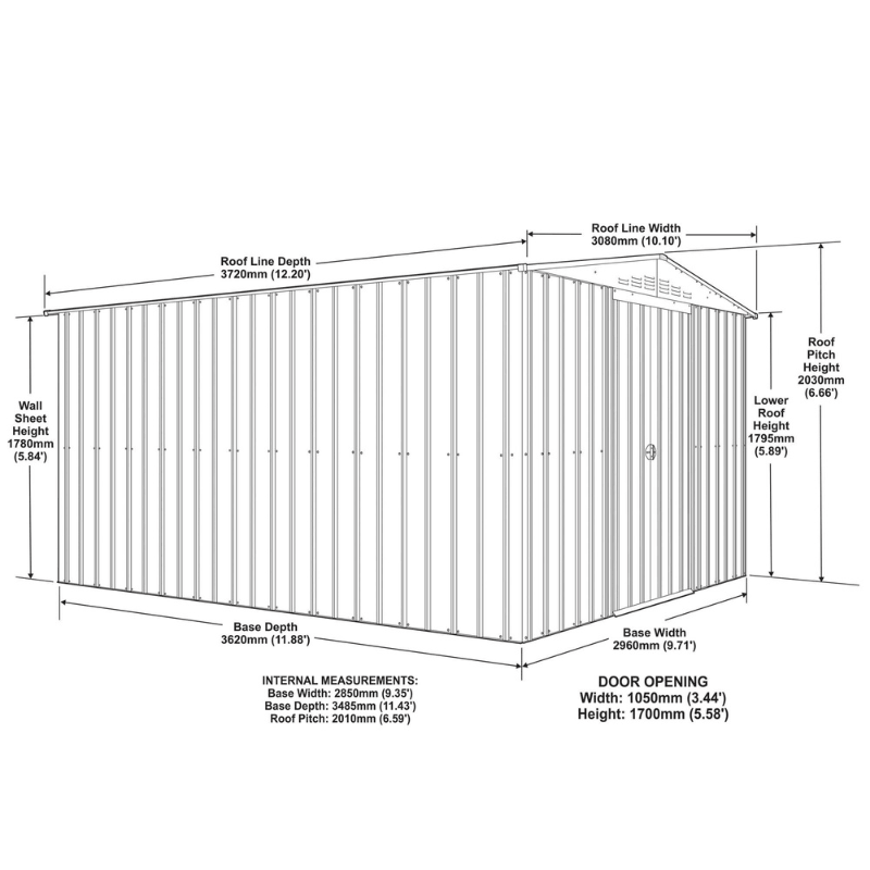 Globel Apex Metal Shed 10x12ft– Galvanised Steel Garden Storage with Double Doors