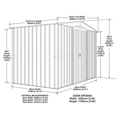 Globel Apex Metal Shed 10x6ft– Galvanised Steel Garden Storage with Double Doors