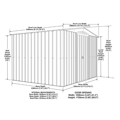Globel Apex Metal Shed 10x8ft– Galvanised Steel Garden Storage with Double Doors&nbsp;