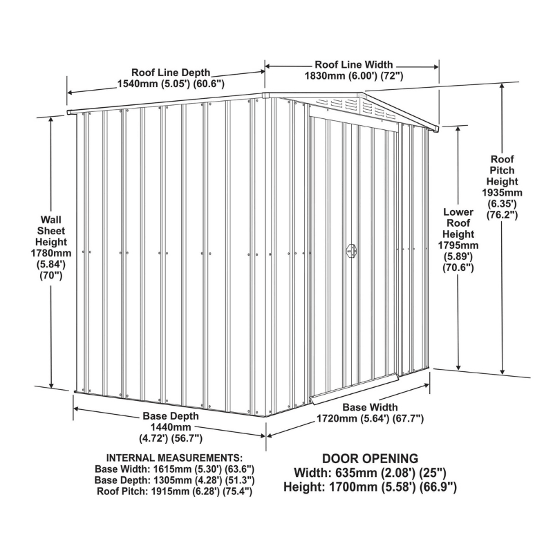 Globel Apex Metal Shed 6x5ft– Galvanised Steel Garden Storage with Double Doors