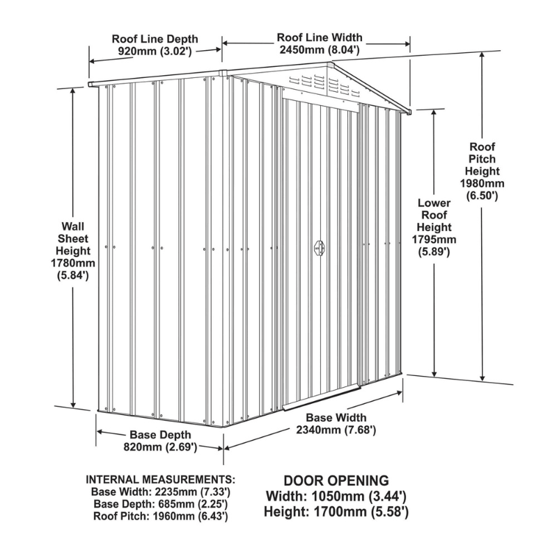 Globel Apex Metal Shed 8x6ft– Galvanised Steel Garden Storage with Double Door