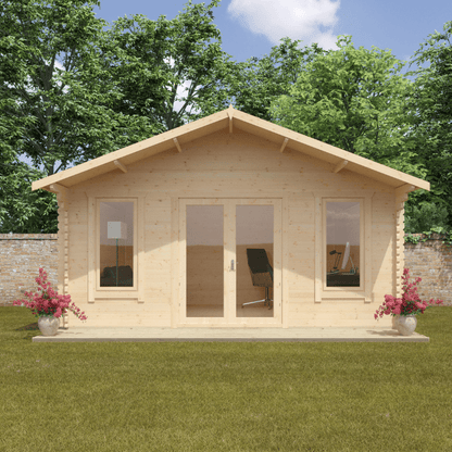 Wooden cabin in a garden setting with flowers and a clear sky