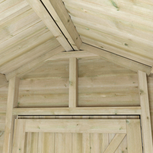Wooden roof structure with slanted shingles