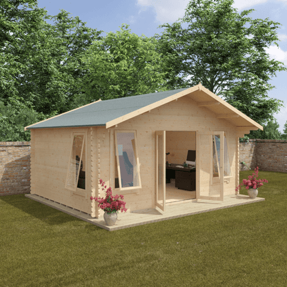 Wooden cabin in a garden with flowers and a clear sky