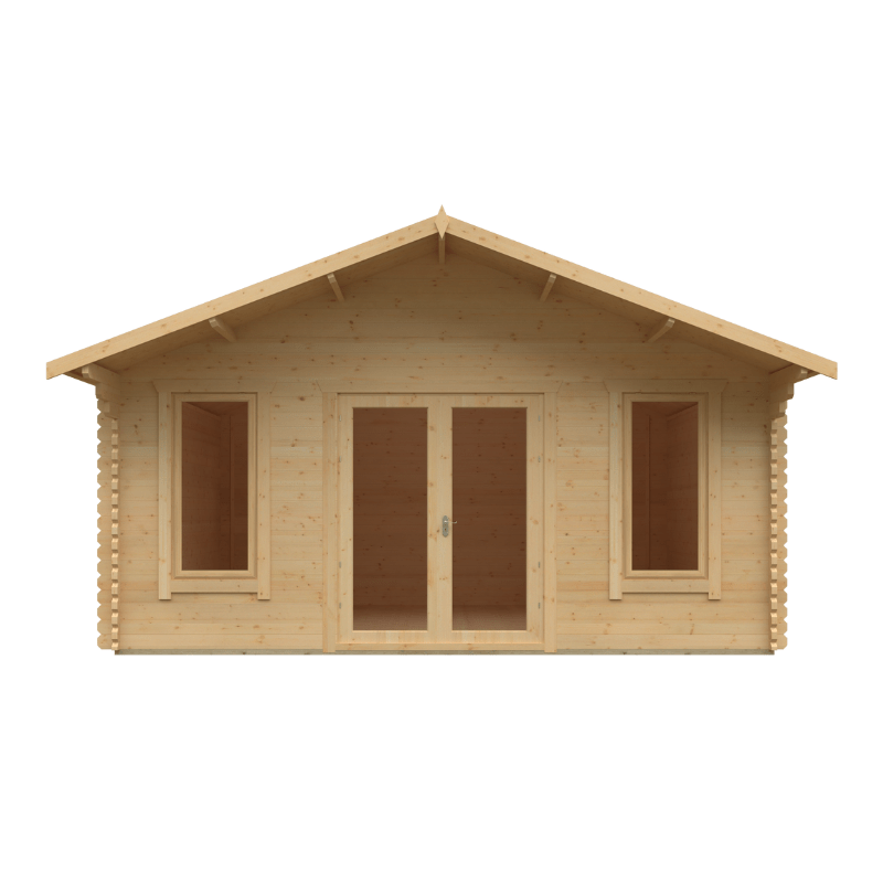Wooden cabin with a gabled roof on a white background