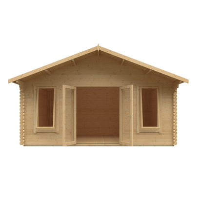 Wooden cabin with open doors on a white background