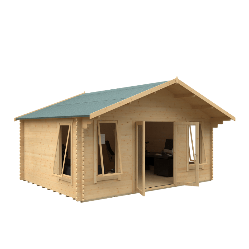 Wooden cabin with a green roof on a white background
