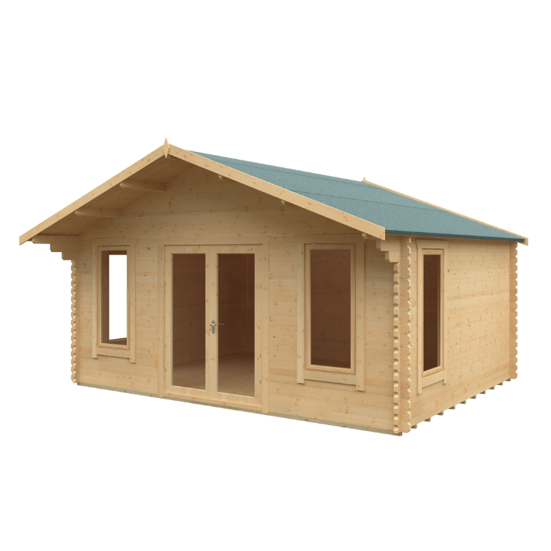 Wooden cabin with a green roof on a white background