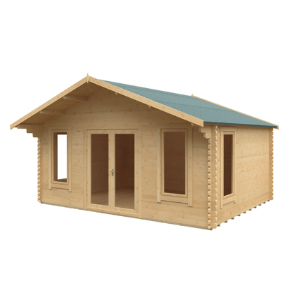 Wooden cabin with a green roof on a white background