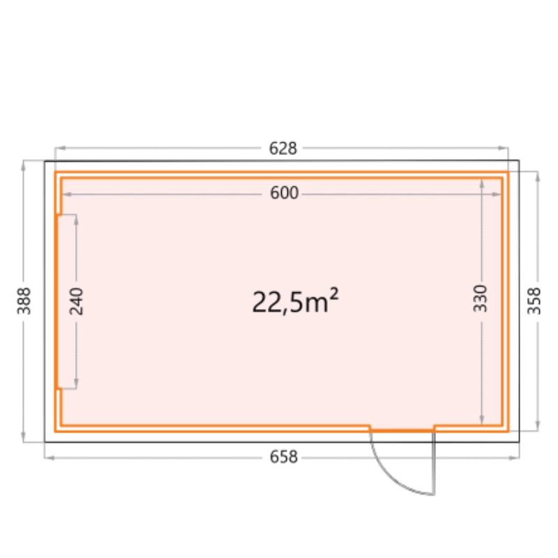 Rectangular area with dimensions and area calculation on a white background