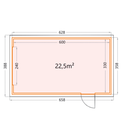 Rectangular area with dimensions and area calculation on a white background