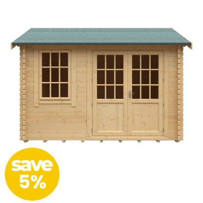 Wooden shed with a green roof on a white background, featuring a 'save 5%' label.