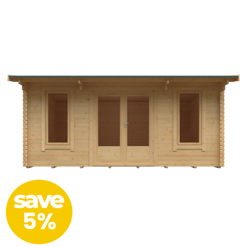 Wooden cabin with a 'save 5%' label on a white background