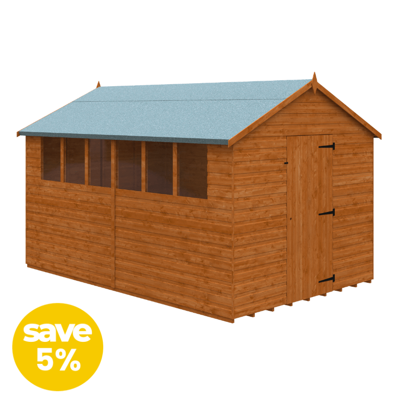 Wooden shed with a blue roof on a white background, featuring a 'save 5%' label.