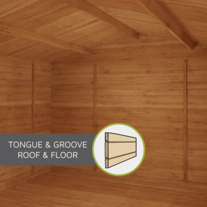 Wooden shed interior with tongue and groove roof and floor, featuring an icon and text.