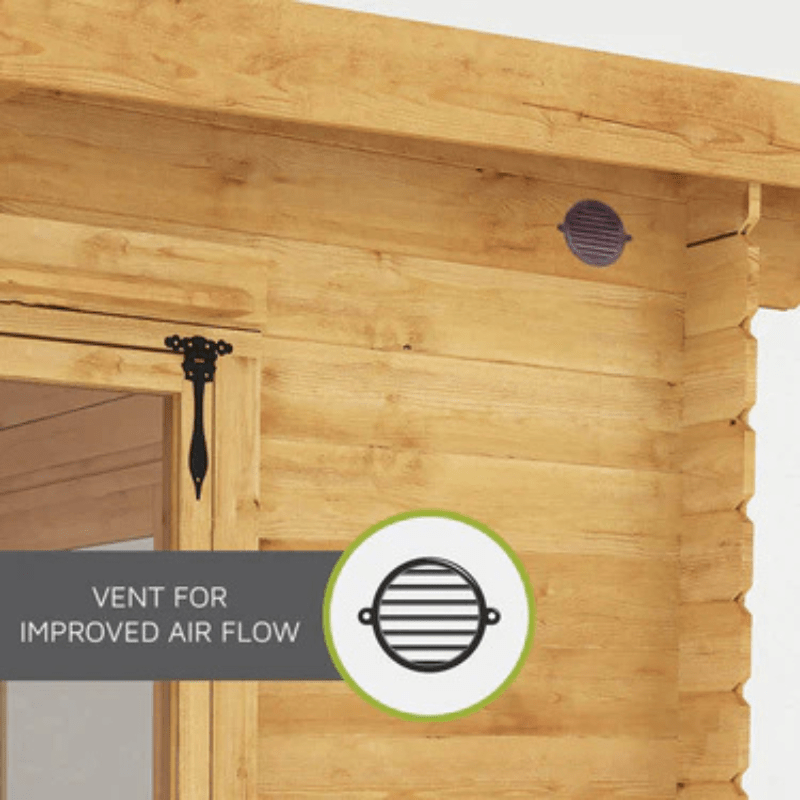 Wooden sauna with a vent labeled 'Vent for Improved Air Flow' on a white background