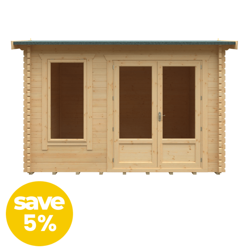 Wooden shed with a door and windows on a white background, featuring a 'save 5%' label.