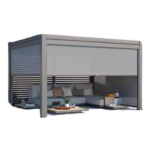 Maranza Manual Deluxe Louvered Pergola 3.5m x 3.6m with 4 Retractable Privacy Screens – Matte Grey Outdoor Shelter