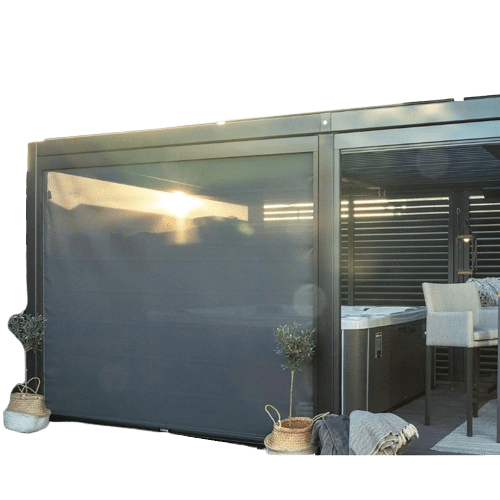 Maranza Manual Deluxe Louvered Pergola 3.5m x 3.6m with 4 Retractable Privacy Screens – Matte Grey Outdoor Shelter