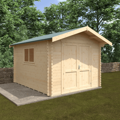 Wooden shed with a green roof on a grassy area with trees in the background