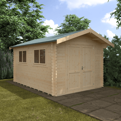 Wooden shed with a green roof in a garden setting