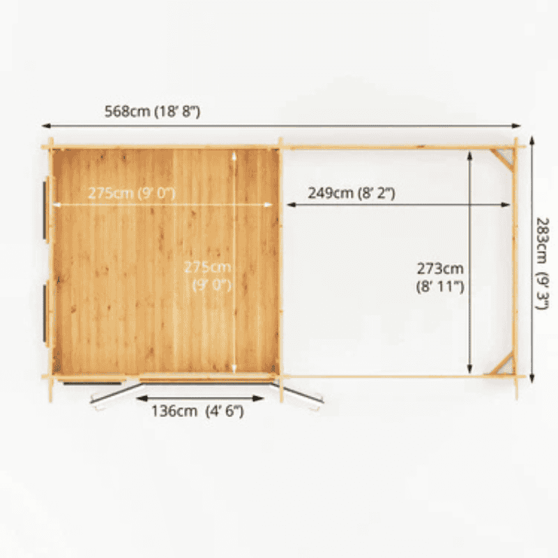 Dimensions of a wooden structure with measurements in centimeters and feet.