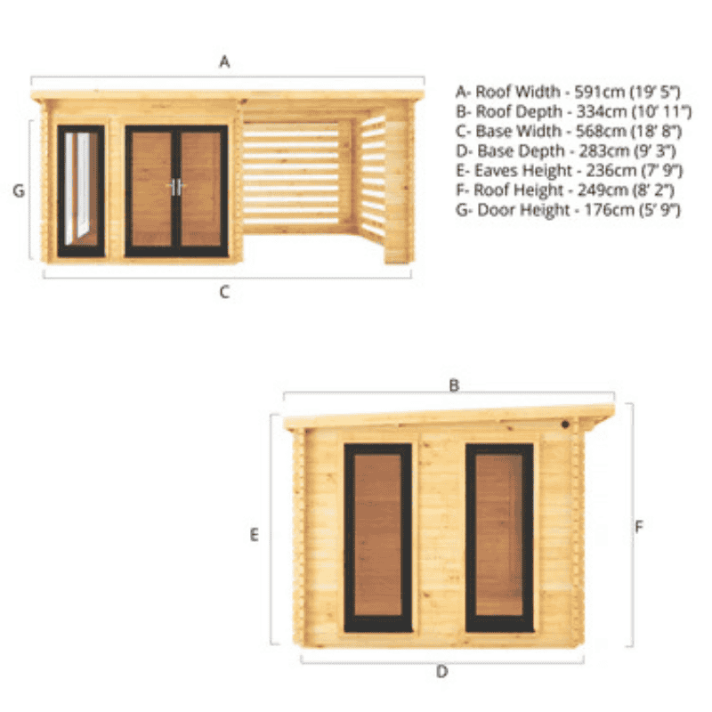 Dimensions of a wooden structure with windows and doors, shown from two angles.