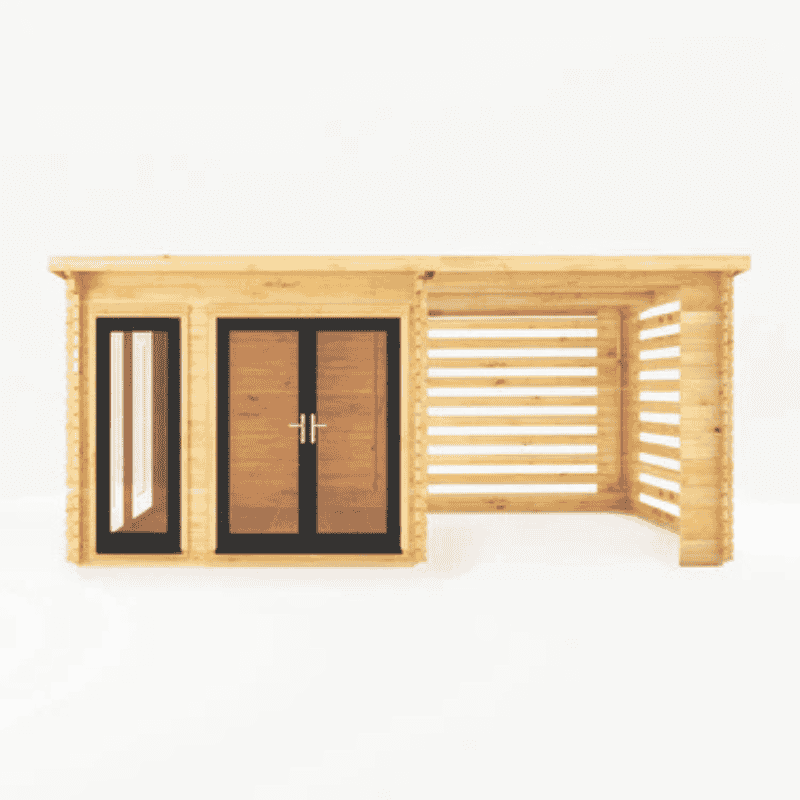 Wooden cabin with glass doors and windows on a white background