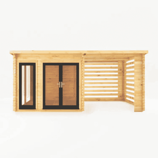 Wooden cabin with glass doors and windows on a white background