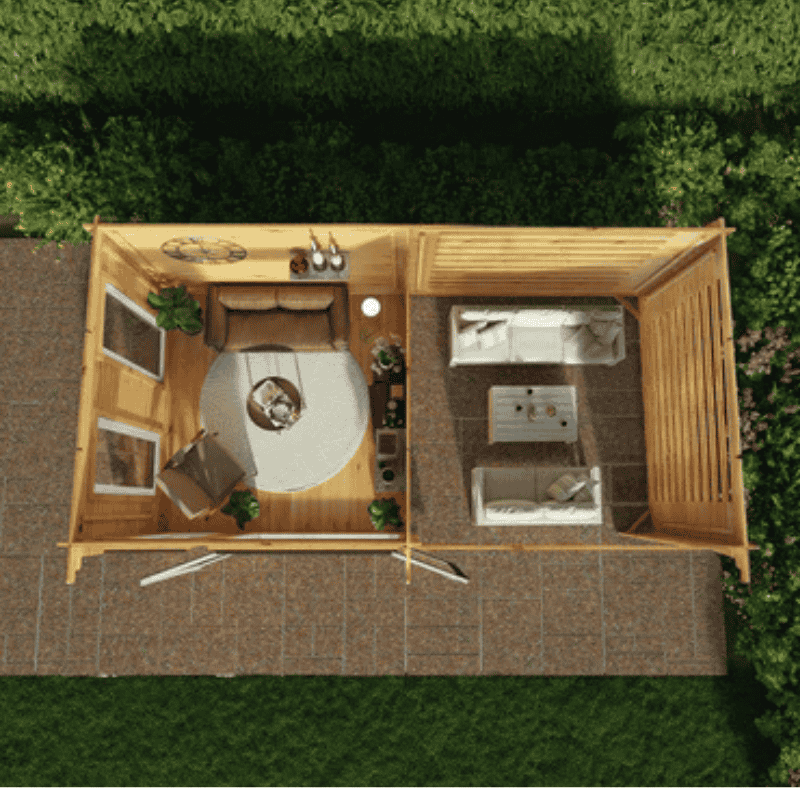 Top-down view of a wooden gazebo with furniture and decor on a grassy area