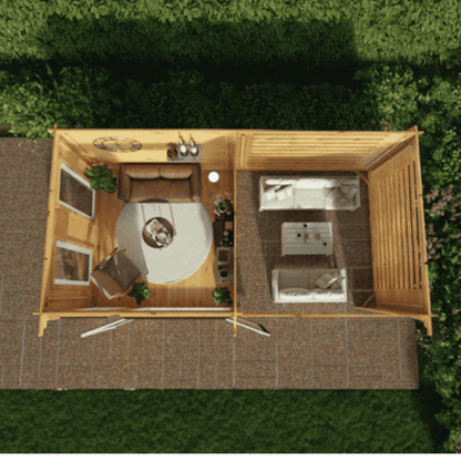 Top-down view of a wooden gazebo with furniture and decor on a grassy area