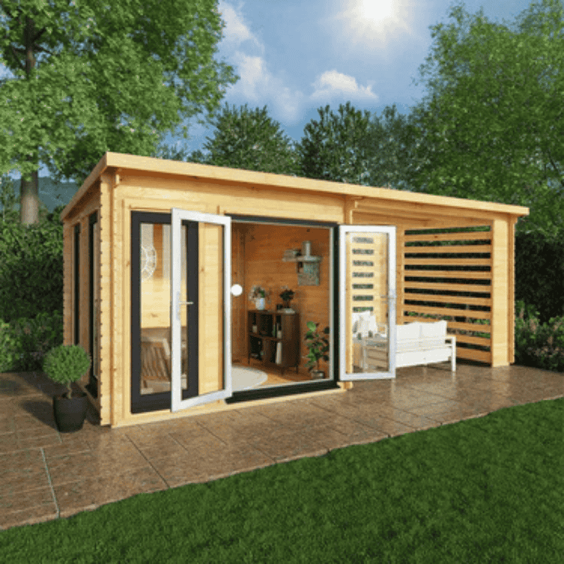 Wooden garden shed with open doors, showing interior, on a patio with greenery.
