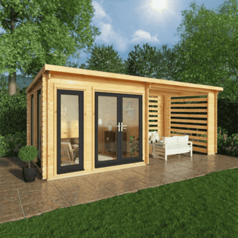 Wooden garden office with glass doors in a garden setting