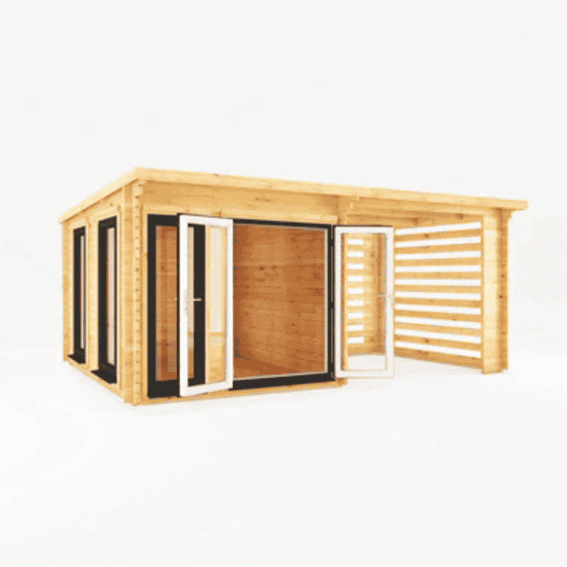 Wooden cabin with glass doors on a white background