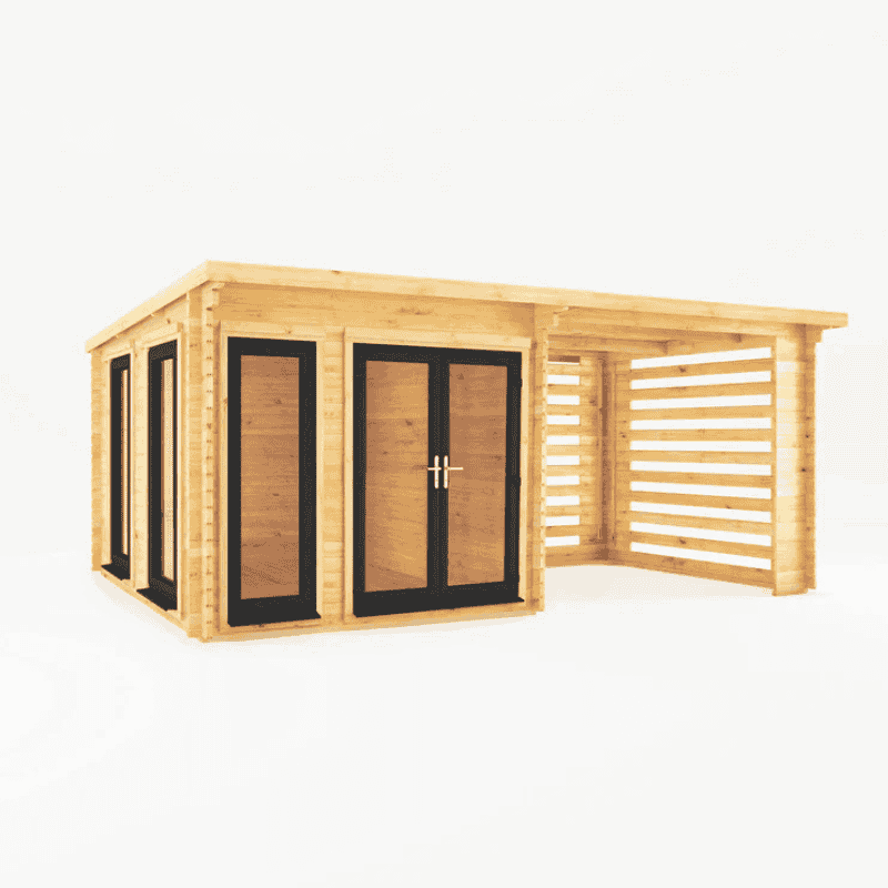 Wooden shed with glass doors on a white background