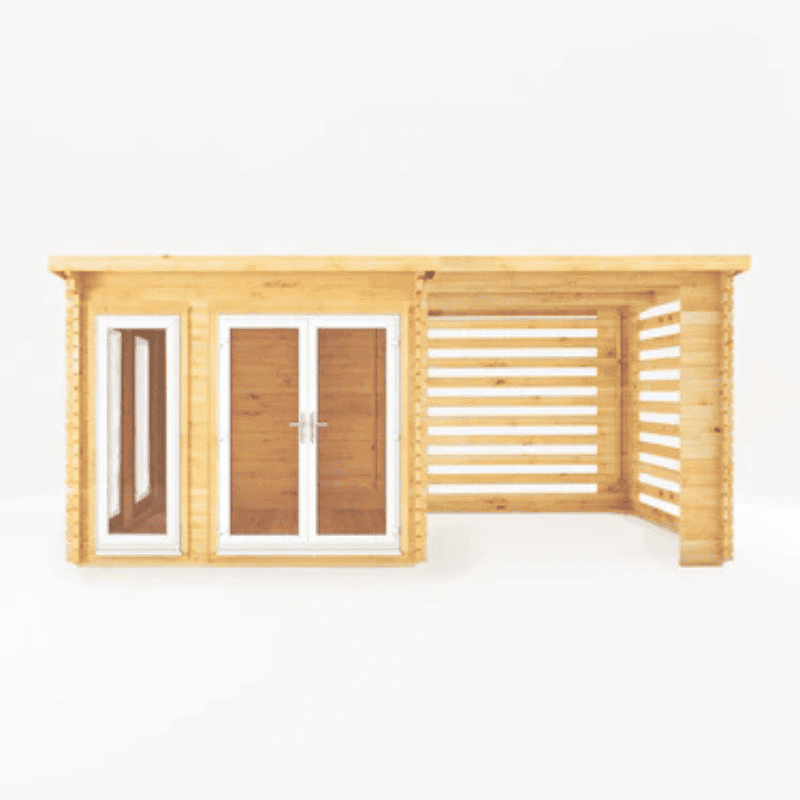Wooden cabin with glass doors on a white background