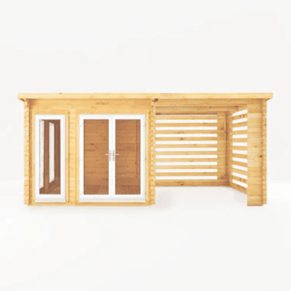 Wooden cabin with glass doors on a white background