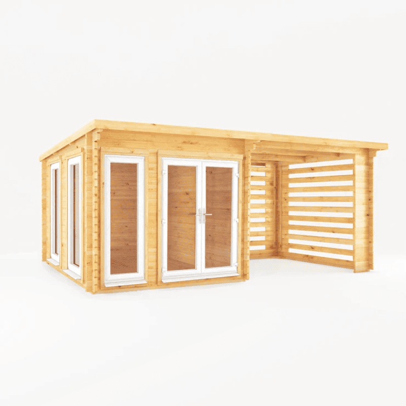 Wooden cabin with glass doors and windows on a white background