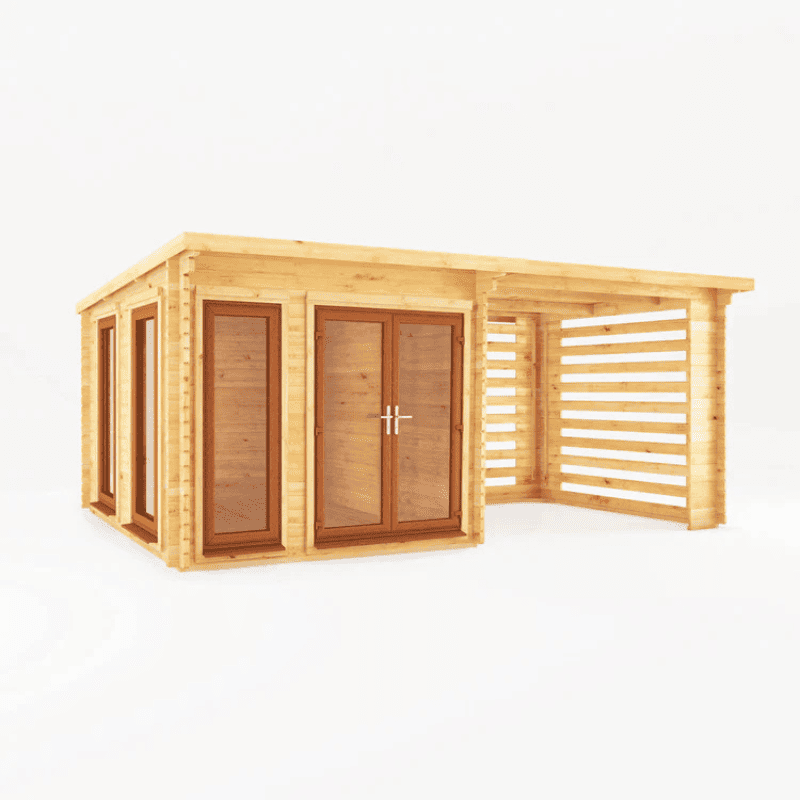 Wooden shed with a flat roof on a white background