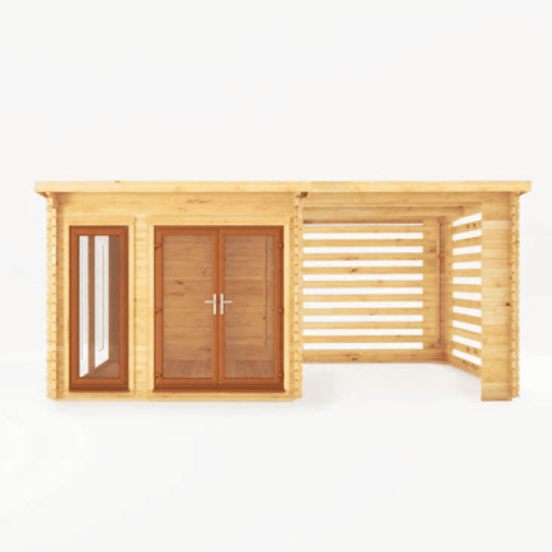 Wooden cabin with glass doors on a white background