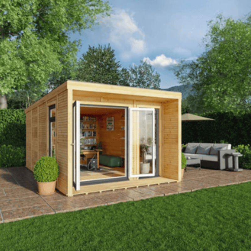 Wooden garden office with open sliding door in a backyard setting