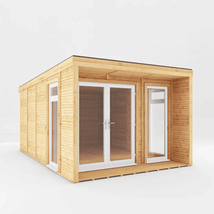Wooden cabin with glass doors and windows on a white background