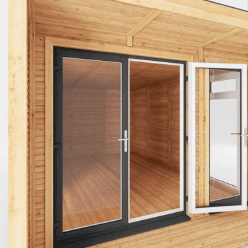 Wooden cabin with glass doors and windows