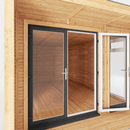 Wooden cabin with glass doors and windows