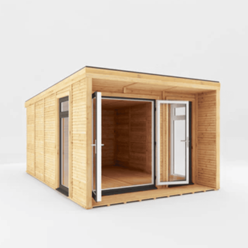 Wooden cabin with glass doors on a white background