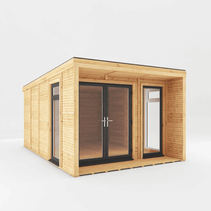 Wooden cabin with glass doors and windows on a white background