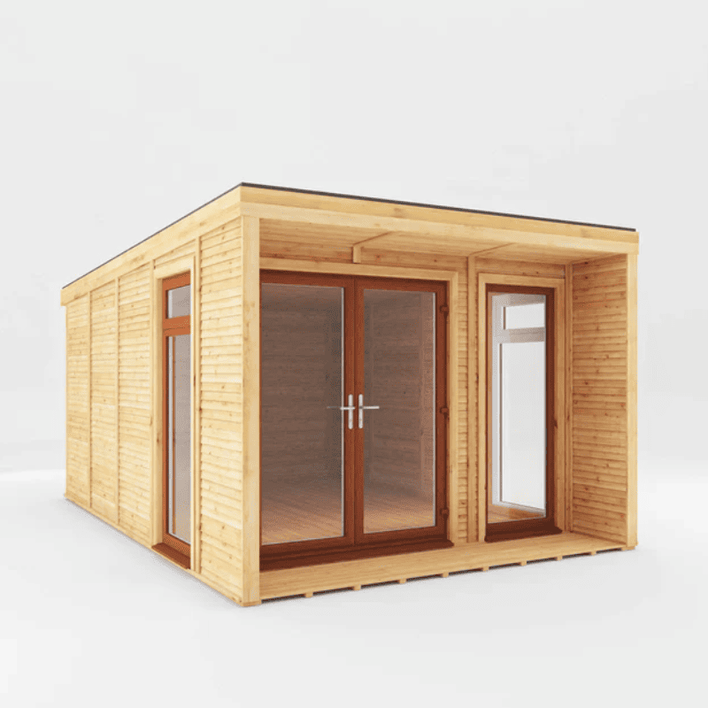 Wooden cabin with glass doors and windows on a white background